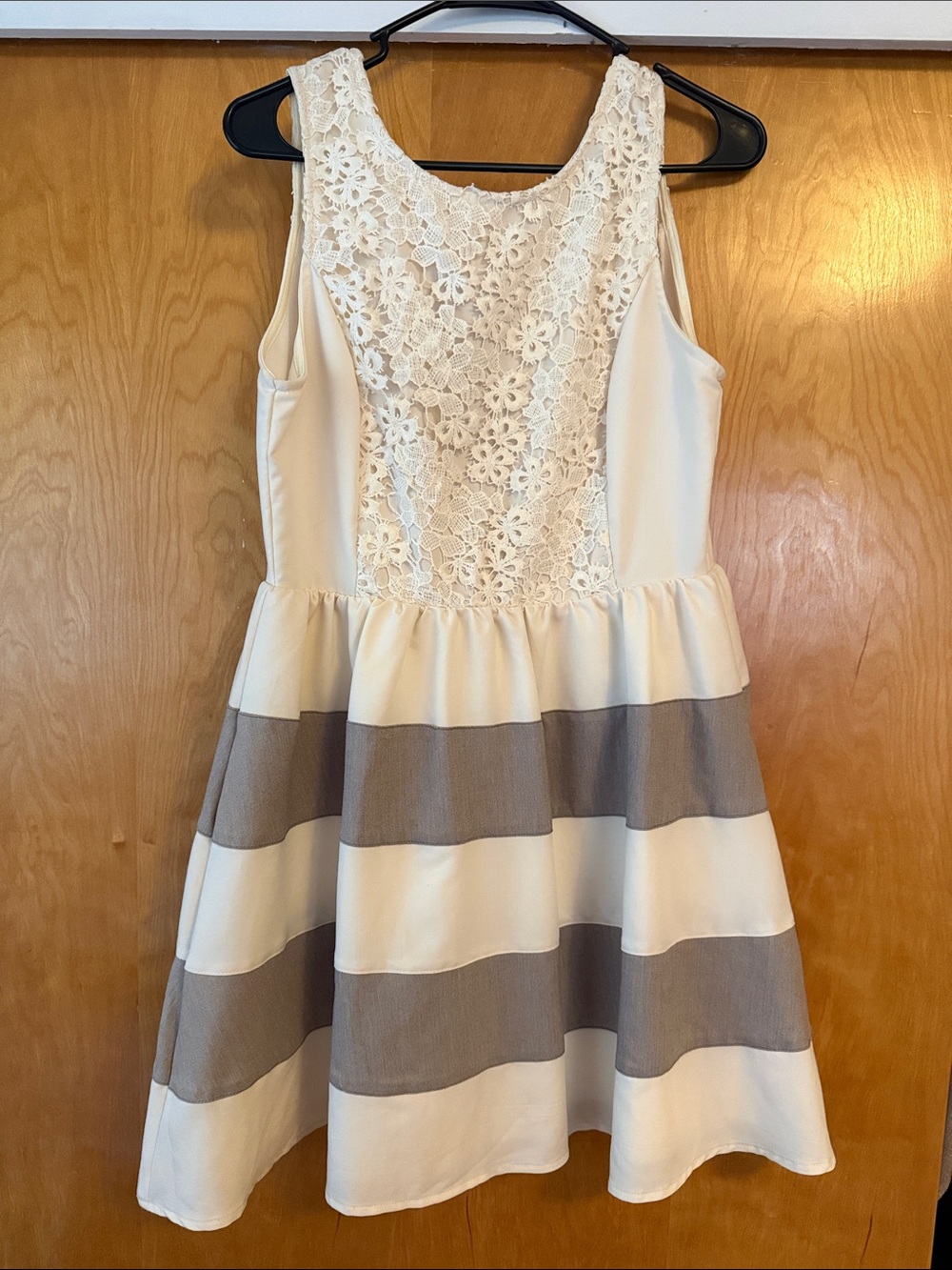 Women’s Cream Lace Bodice Striped Skirt Dress